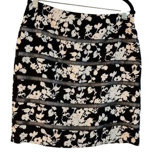 Floral Pencil Skirt‎ Black White Tiered Career Office Party